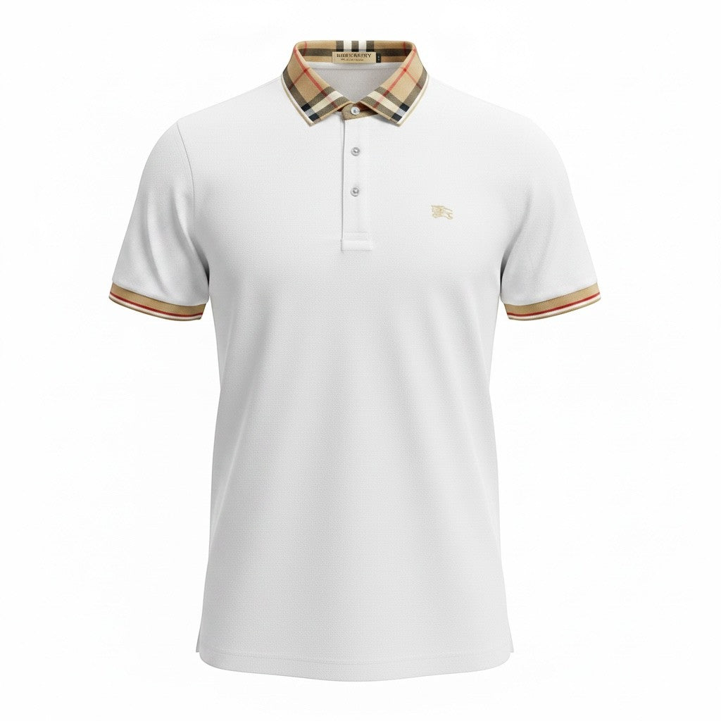 MASTERPIECE white pique knit polo shirt with iconic Burberry check collar and sleeve trim, embroidered logo on chest.