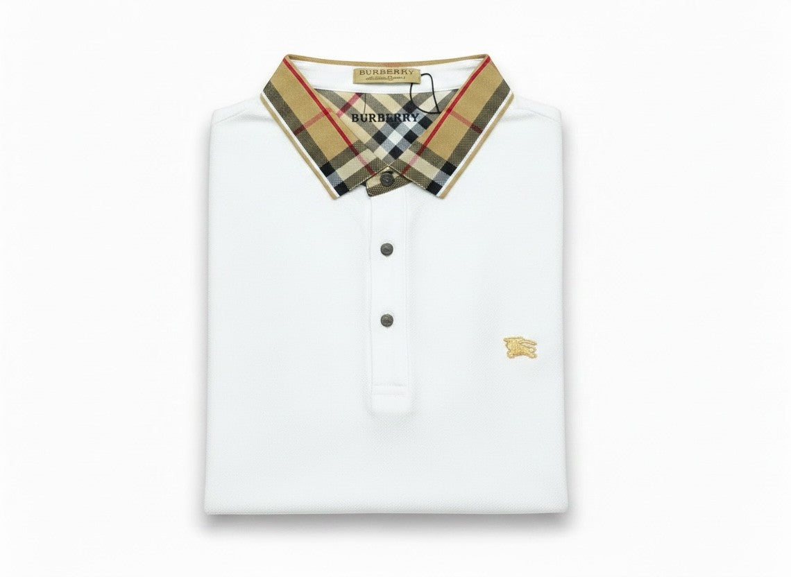 MASTERPIECE white cotton polo shirt with iconic Burberry check collar and embroidered logo on chest.
