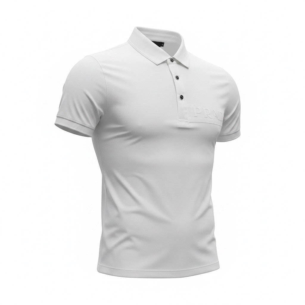 MASTERPIECE white stretch fabric polo shirt with tonal embossed logo and classic collar.