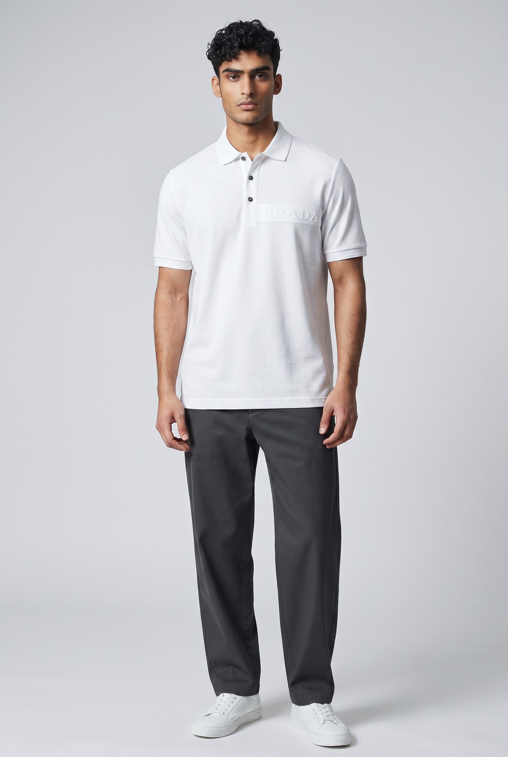 MASTERPIECE white stretch fabric polo shirt with tonal embossed Prada logo on chest, classic collar, and button placket.