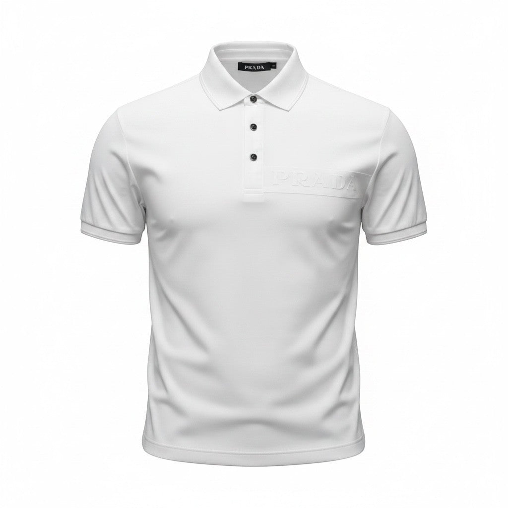 MASTERPIECE white stretch fabric polo shirt with tonal embossed Prada logo on chest, classic collar, and button placket.
