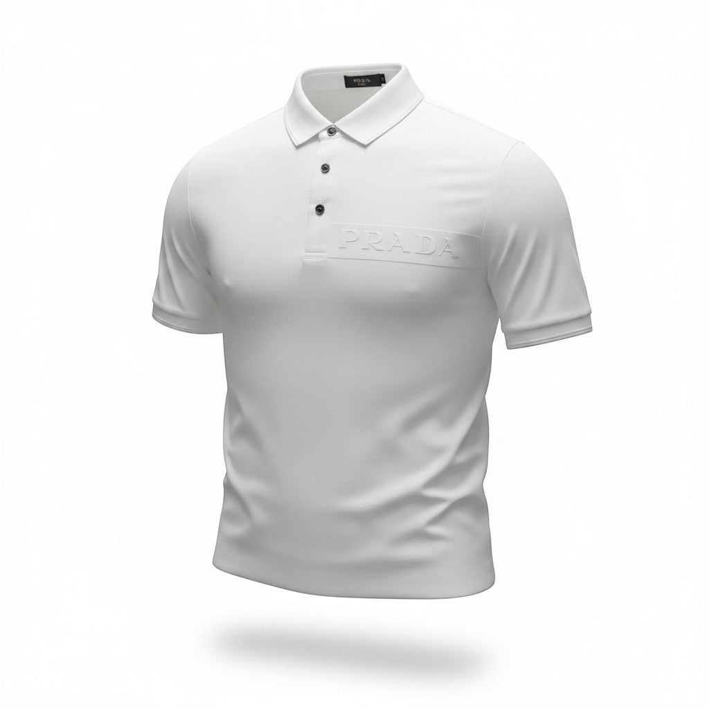 MASTERPIECE white stretch fabric polo shirt with tonal embossed Prada logo on chest, classic collar, and button placket.