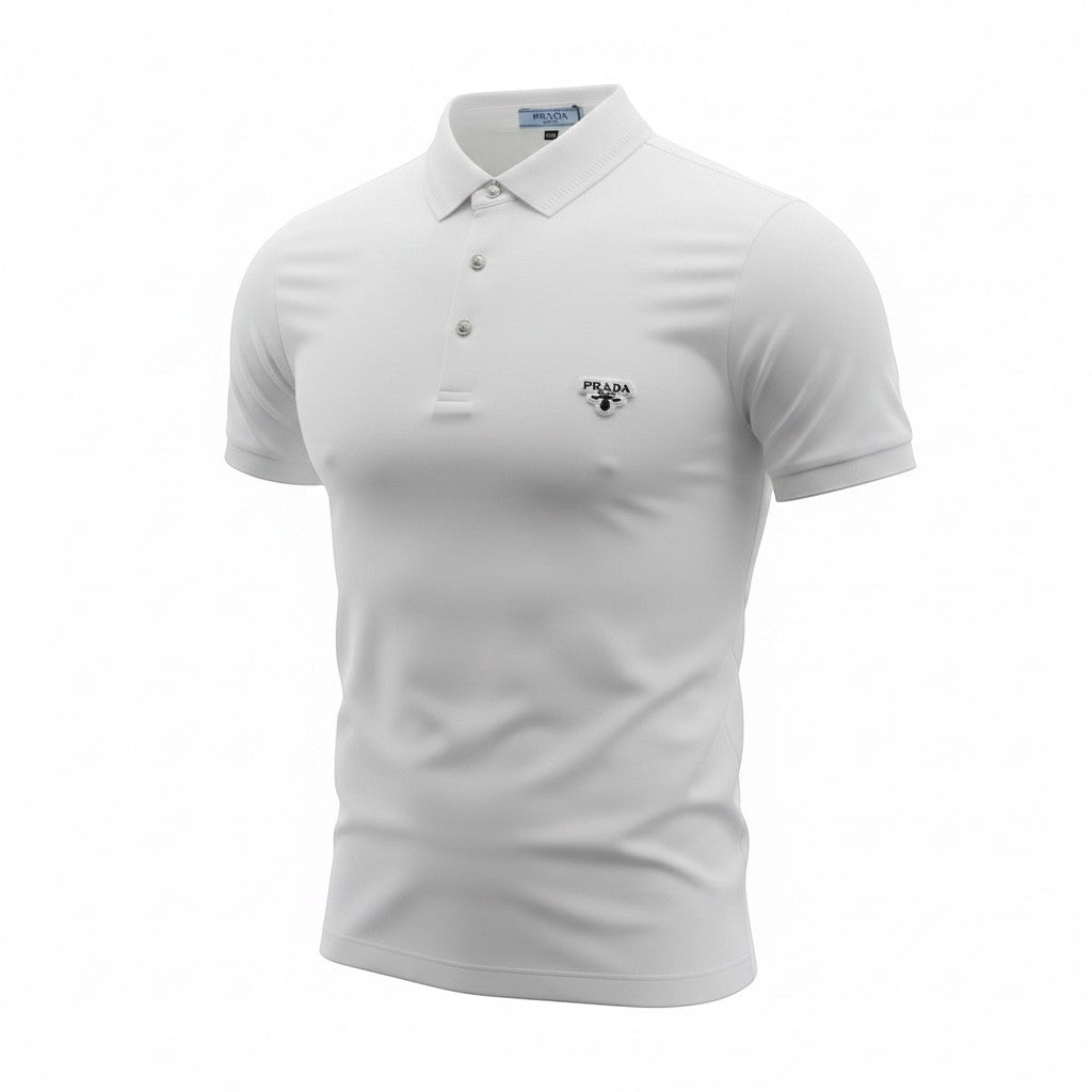 MASTERPIECE white short-sleeve polo shirt with classic collar and Prada logo on chest. Breathable fabric, tailored fit.