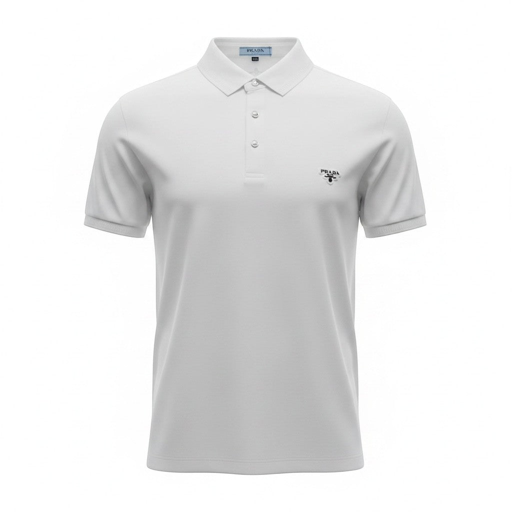 MASTERPIECE white short-sleeve polo shirt with classic collar and Prada logo on chest. Made from breathable fabric.