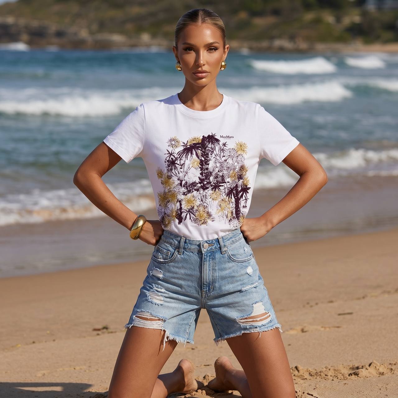 🤍 Max Mara White Floral Graphic T-Shirt – Elegant Casual Tee ✨ - MASTERPIECE