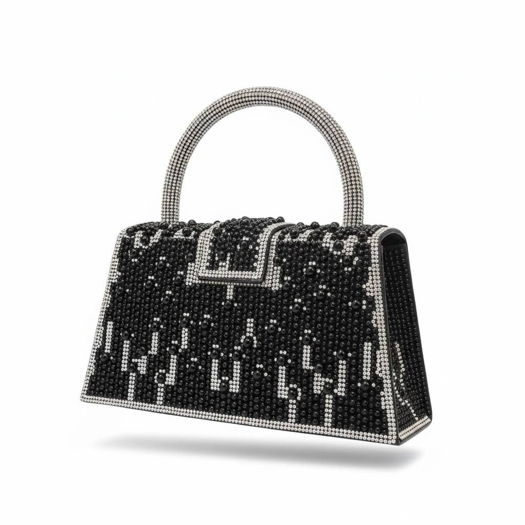Midnight Pearl Monogram Handbag ✨🖤 | Black & Silver Statement Top Handle Bag - MASTERPIECE