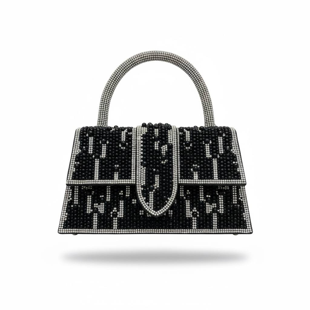 Midnight Pearl Monogram Handbag ✨🖤 | Black & Silver Statement Top Handle Bag - MASTERPIECE