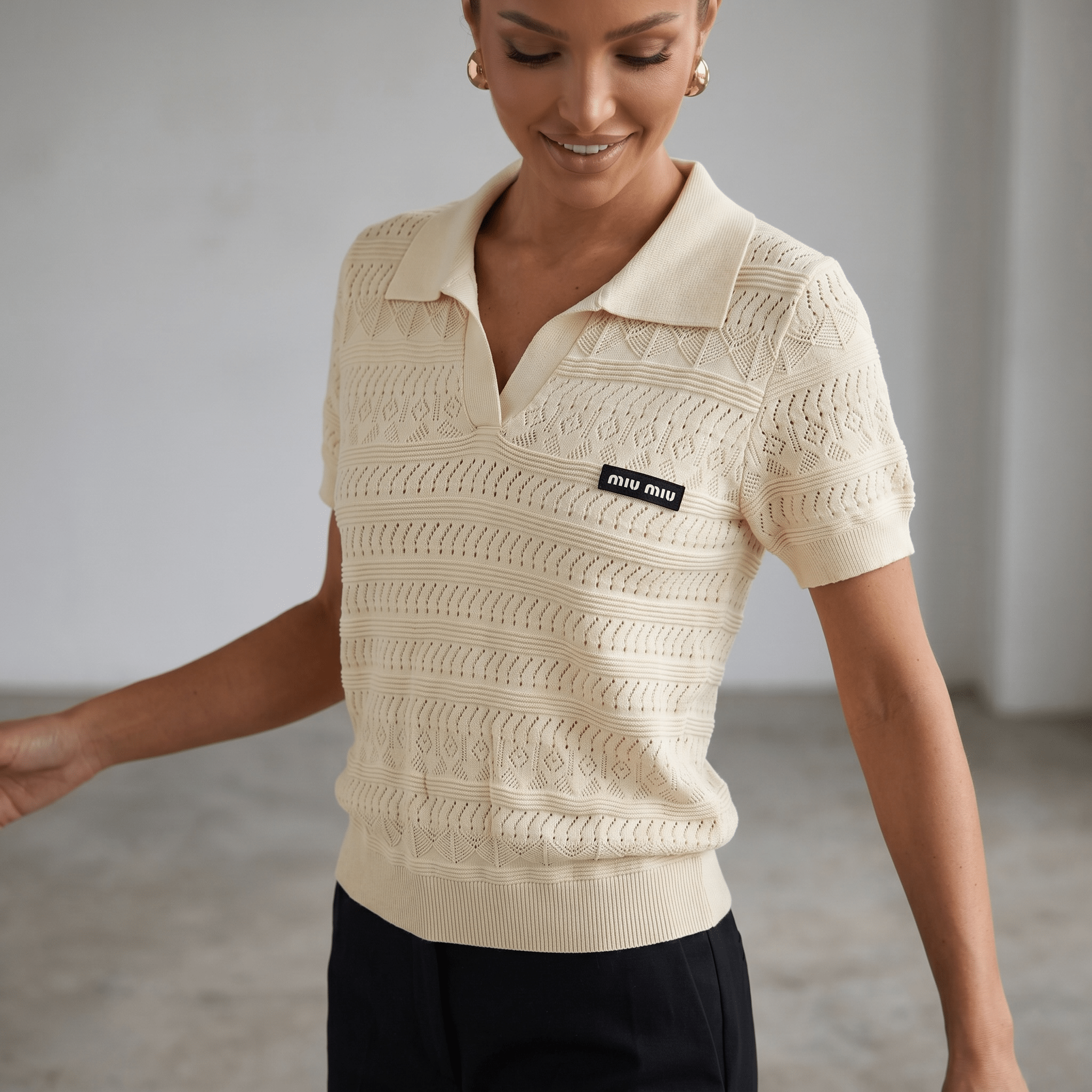 ✨ Miu Miu Pointelle Knit Polo Top – Ivory (one size) - MASTERPIECE