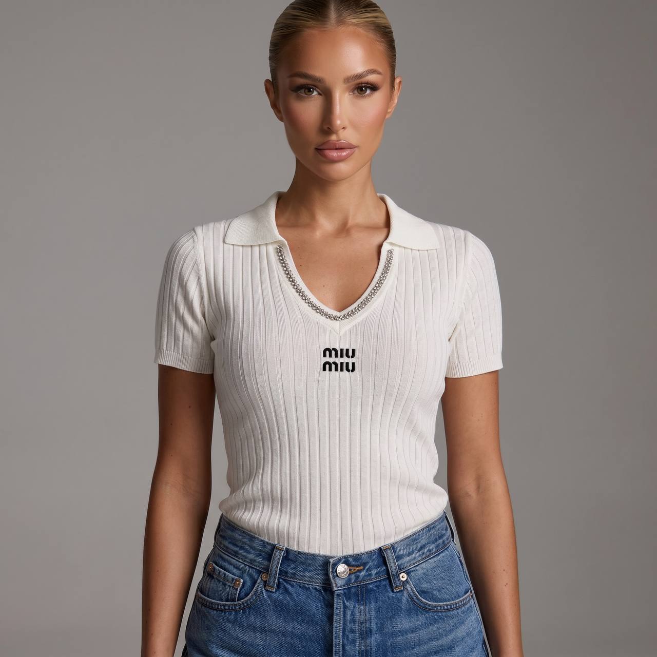 🤍 Miu Miu Ribbed Crystal-Trim Polo Top ✨ - MASTERPIECE