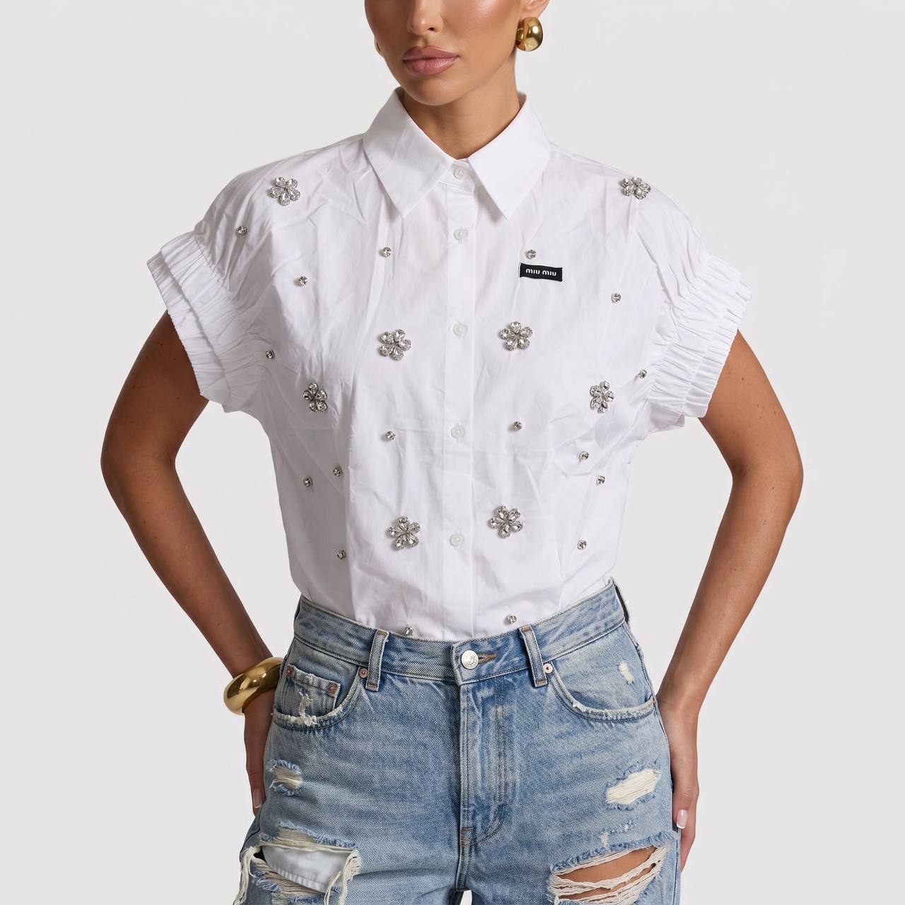 Miu Miu White Crystal Flower Embellished Shirt 🤍✨ - MASTERPIECE