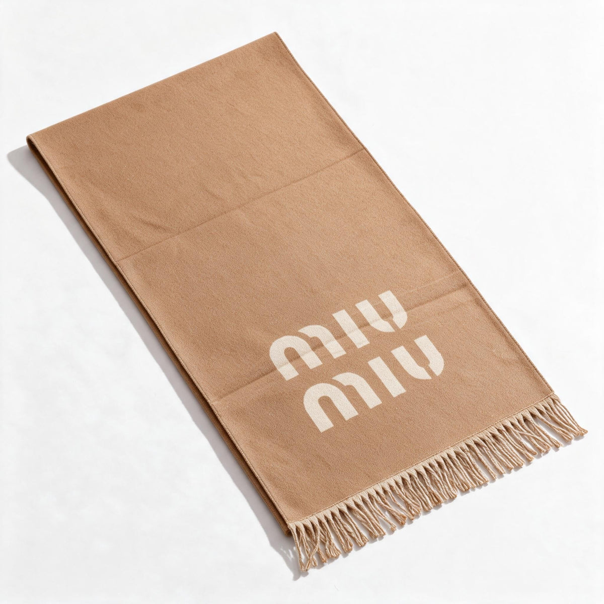 Miu Miu Wool-Blend Logo Scarf — Camel - MASTERPIECE