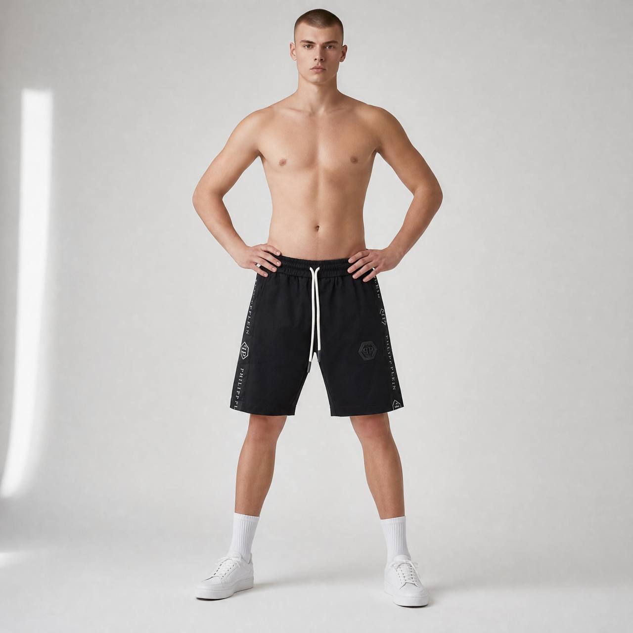 👑 Philipp Plein Signature Tape Shorts – Luxury Black Streetwear Edition - MASTERPIECE