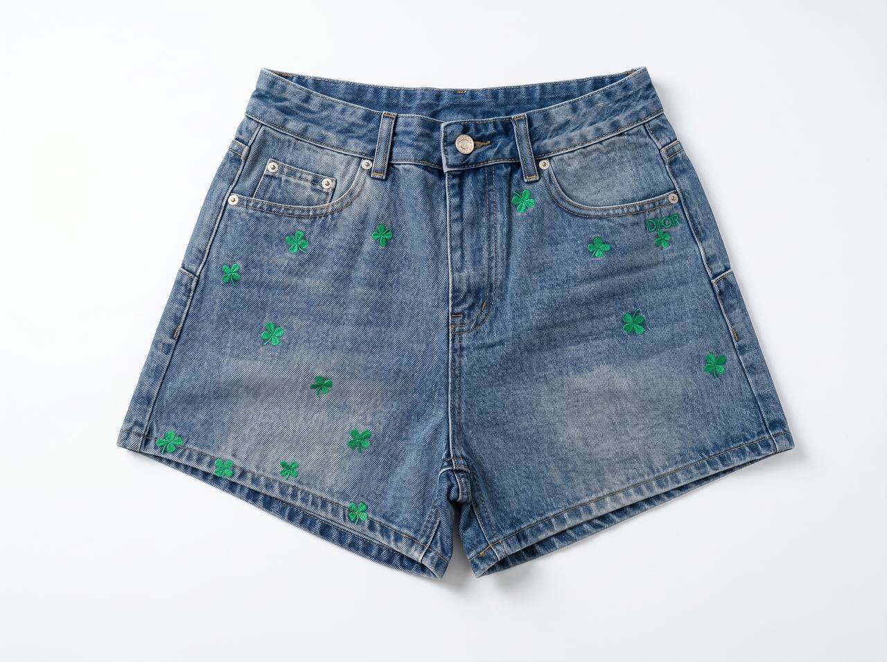 Dior Lucky Clover Embroidered Denim Shorts – Blue