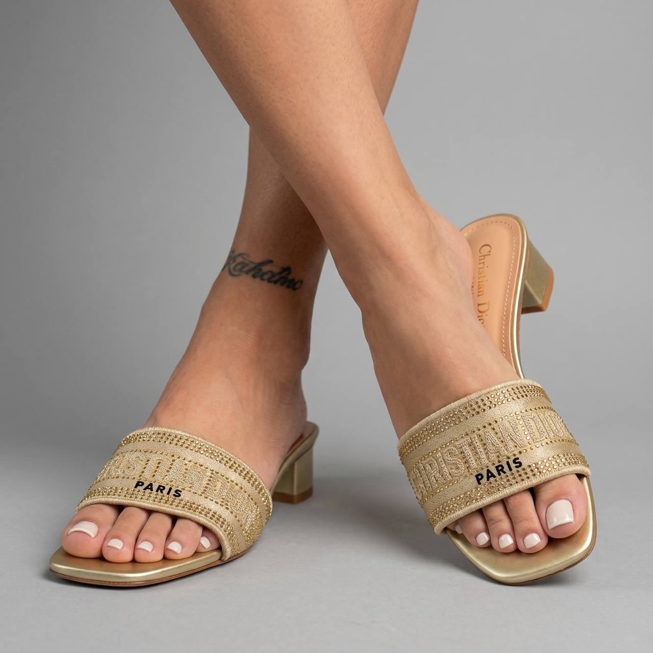 Christian Dior Dway Crystal Logo Slides – Gold ✨