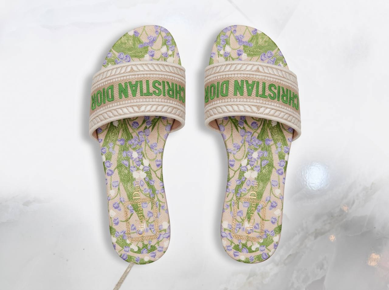 Christian Dior Dway Floral Embroidered Slides – Green & Lilac 🌿💜