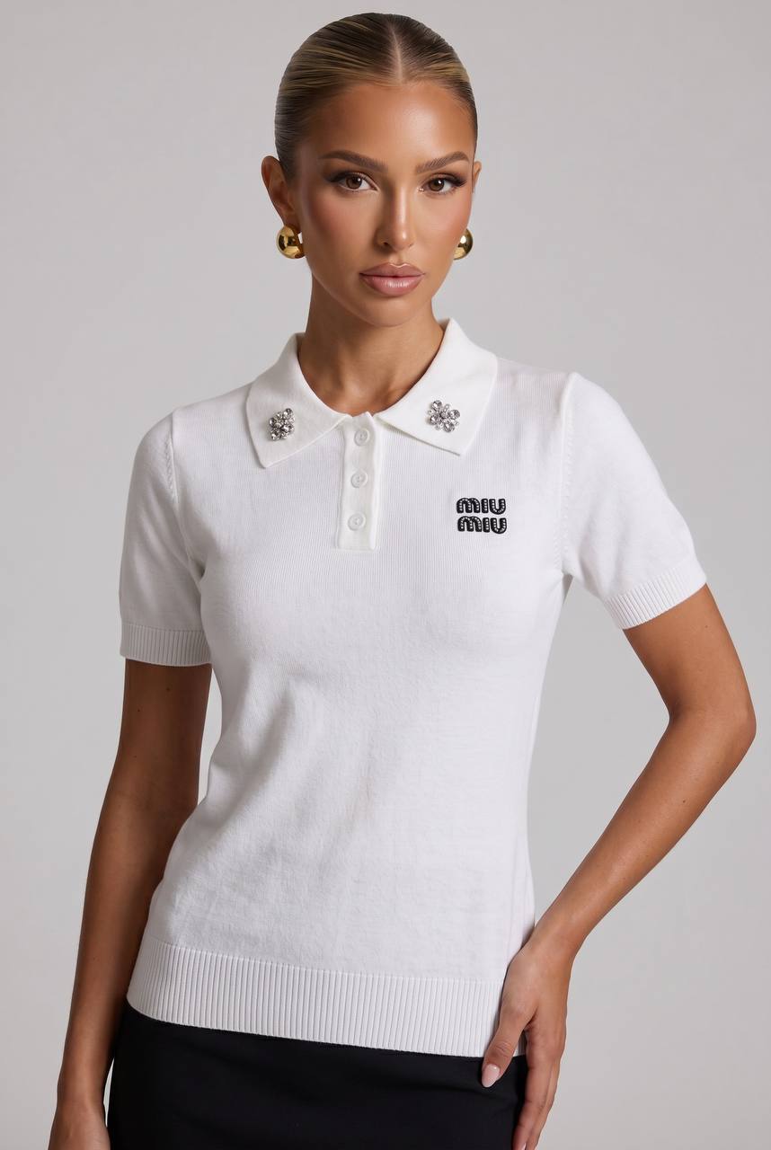 Miu Miu White Crystal Logo Polo Shirt 🤍✨💎🌸