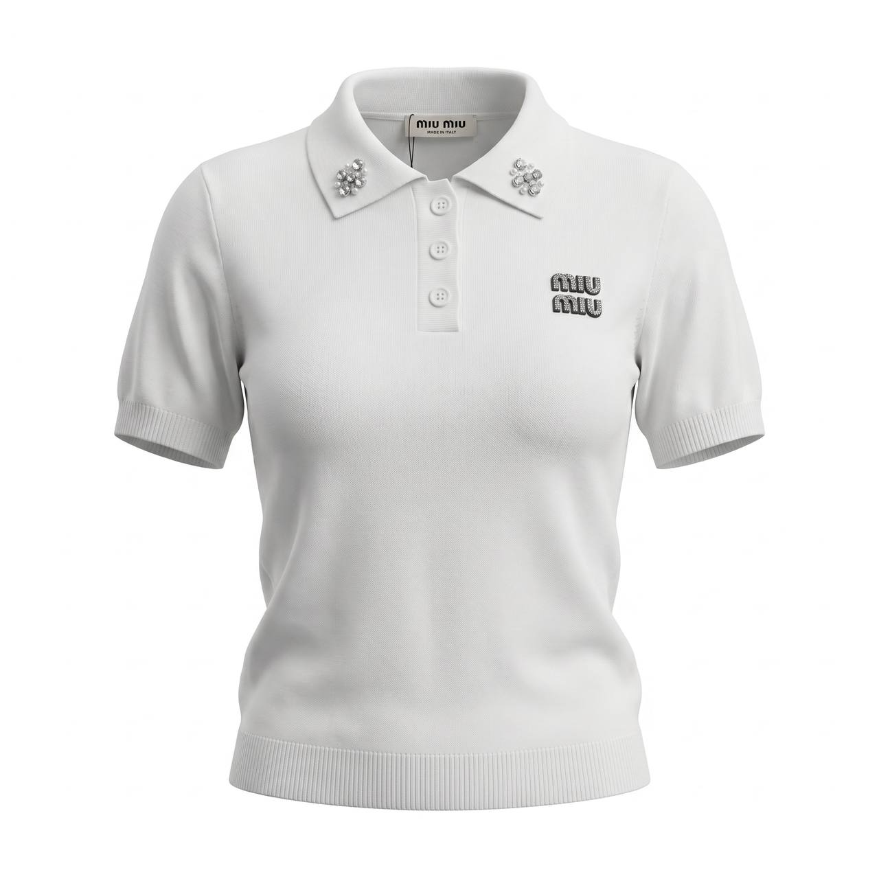 Miu Miu White Crystal Logo Polo Shirt 🤍✨💎🌸