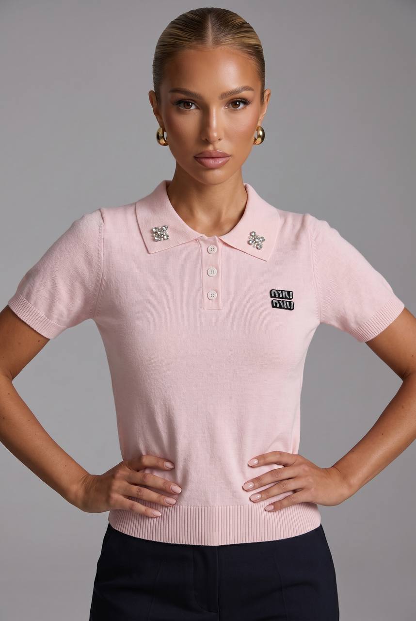Miu Miu Pink Crystal Logo Polo Shirt 💗✨💎🌸