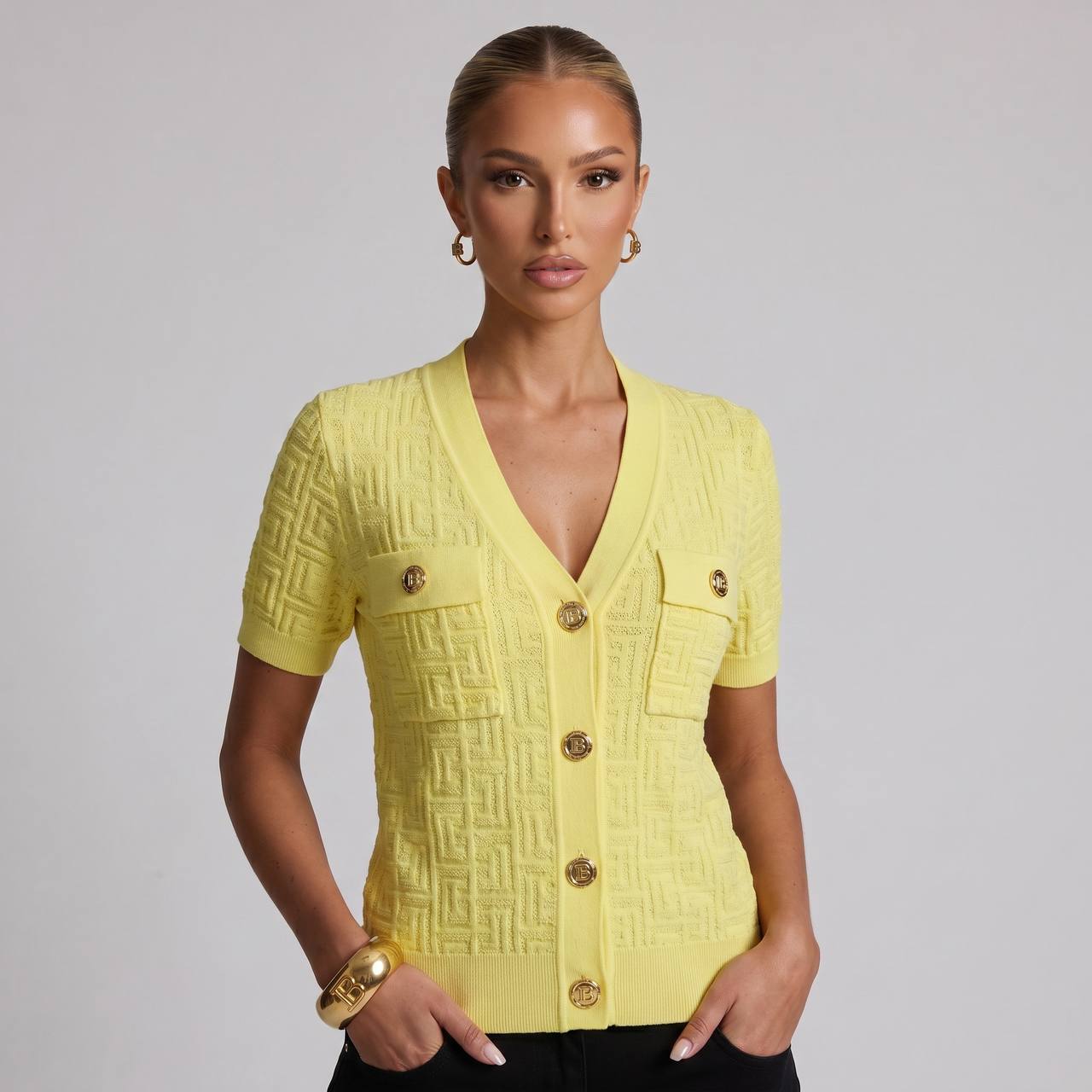 Balmain Yellow Monogram Knit Short-Sleeve Cardigan 💛✨