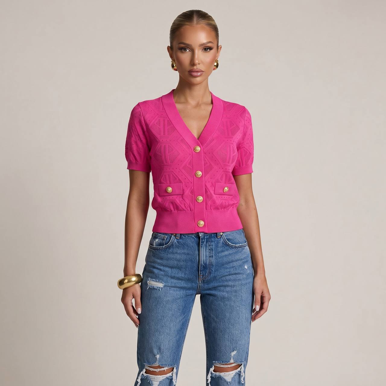Balmain Pink Monogram Knit Short-Sleeve Cardigan 💗✨