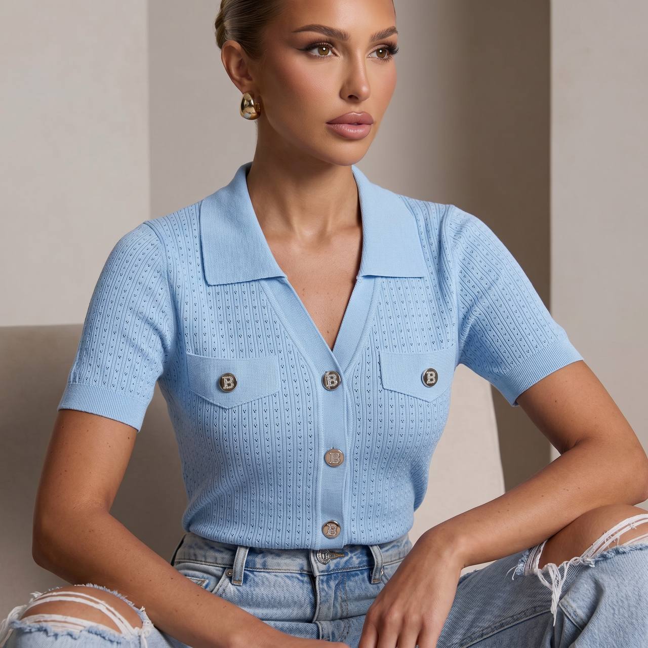 Balmain Baby Blue Knit Cardigan with Silver Logo Buttons 🩵✨
