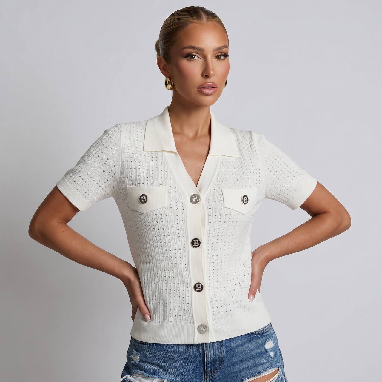 Balmain Cream Knit Short-Sleeve Cardigan with Silver Logo Buttons 🤍✨