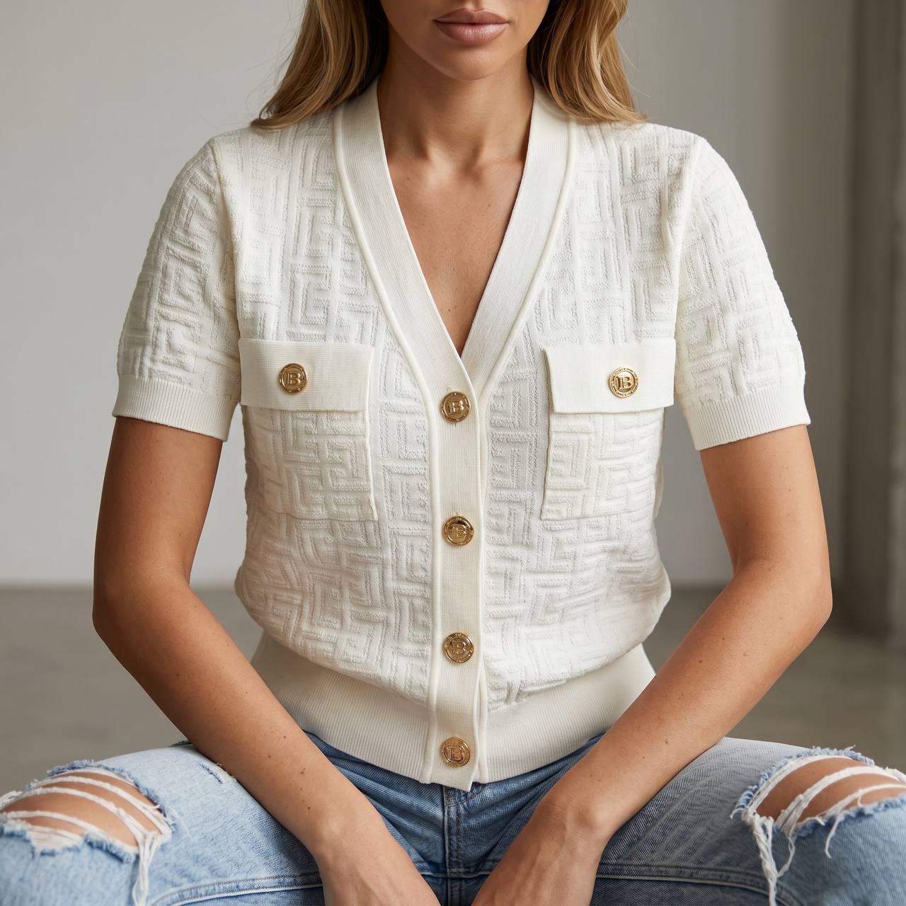 Balmain Ivory Monogram Knit Short-Sleeve Cardigan with Gold Buttons 🤍✨