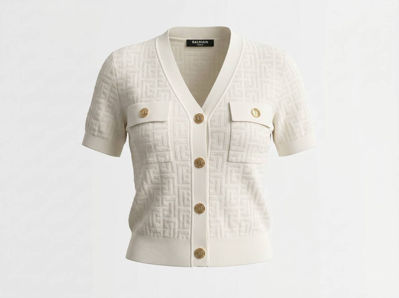 Balmain Ivory Monogram Knit Short-Sleeve Cardigan with Gold Buttons 🤍✨