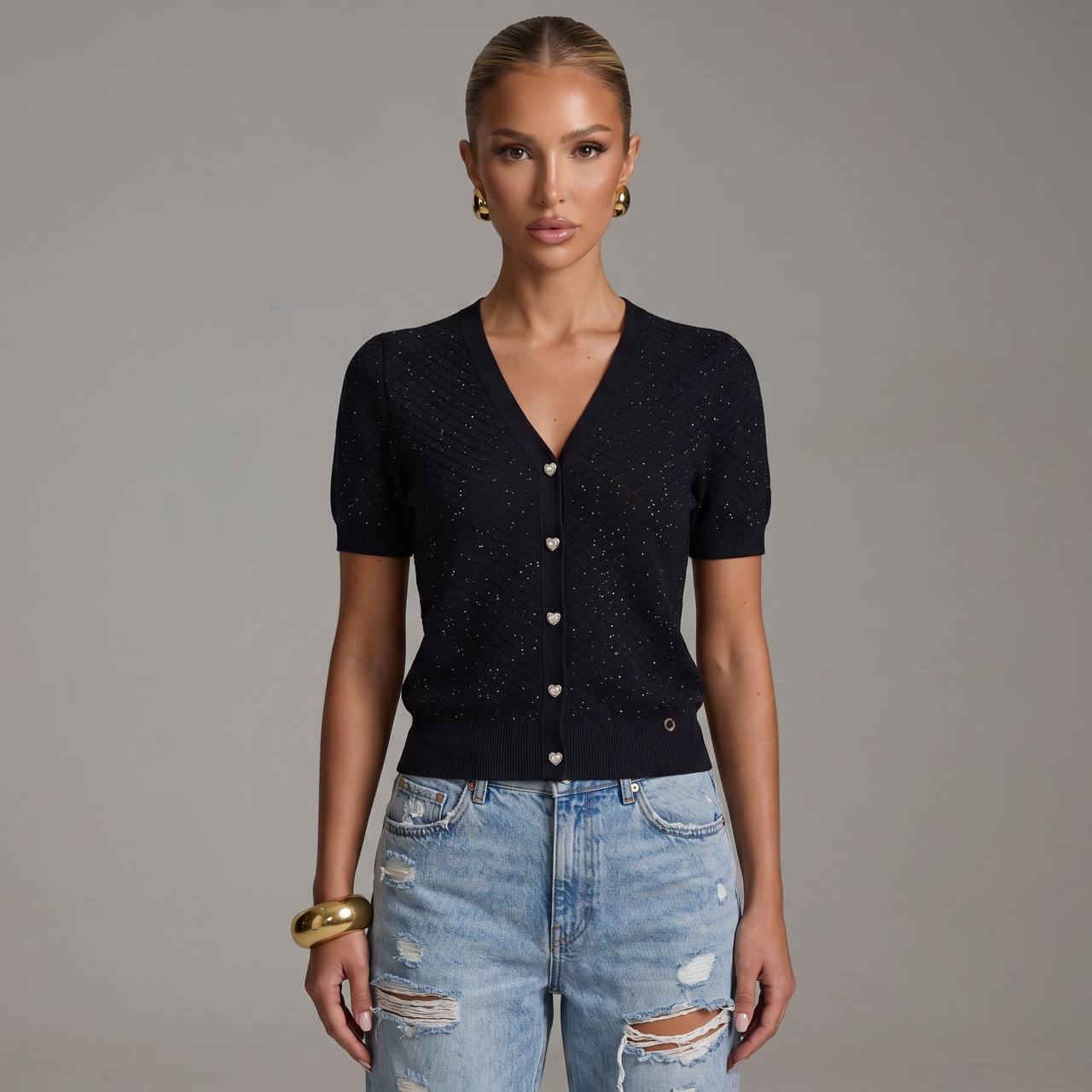 Loro Piana Black Sparkle Knit Short-Sleeve Cardigan 🖤✨