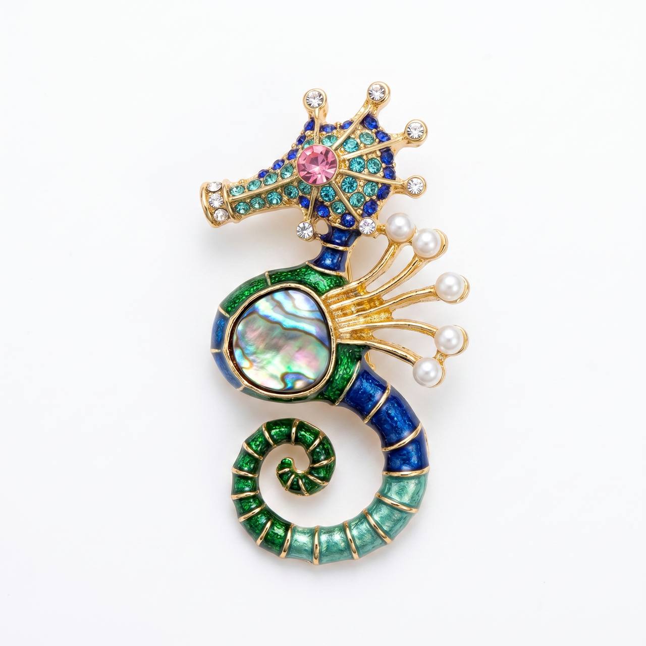 🌊✨ Enamel & Pearl Seahorse Statement Brooch 💎