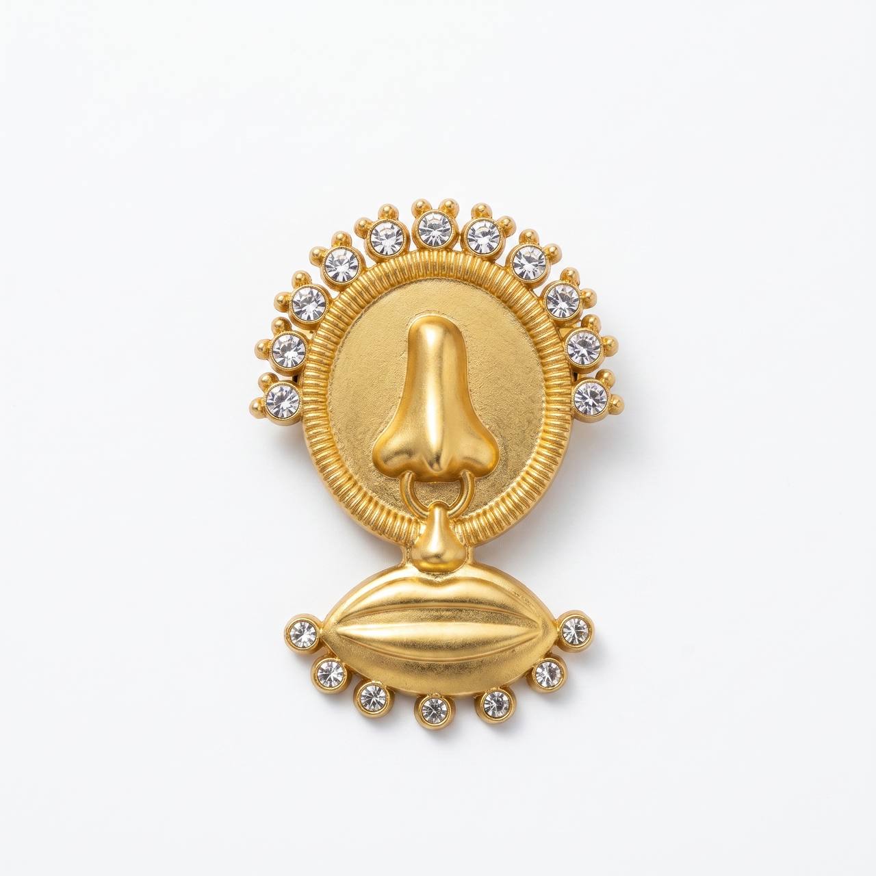 👃✨ Golden Surreal Face Crystal Statement Brooch 💎