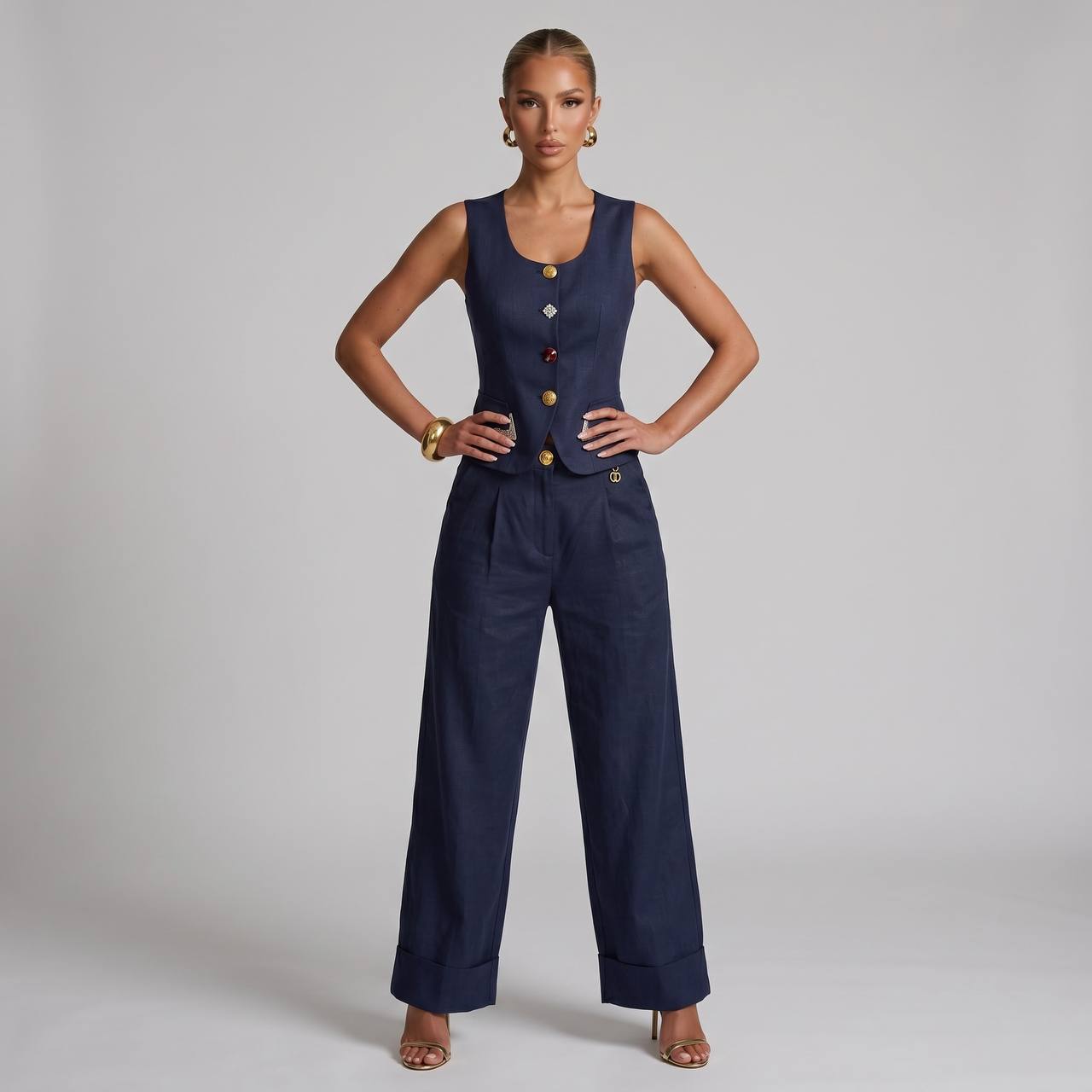 💙✨ Schiaparelli Navy Tailored Vest & Wide-Leg Pants Full Set