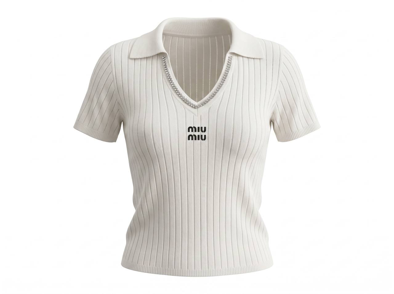 🤍 Miu Miu Ribbed Crystal-Trim Polo Top ✨