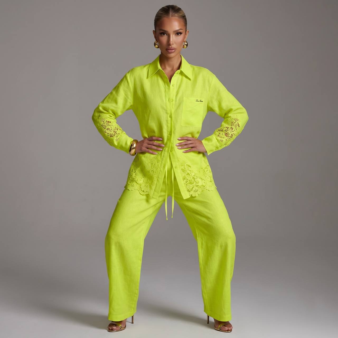 💚 Loro Piana Lime Green Linen Lace Full Set – Shirt & Wide-Leg Pants ✨