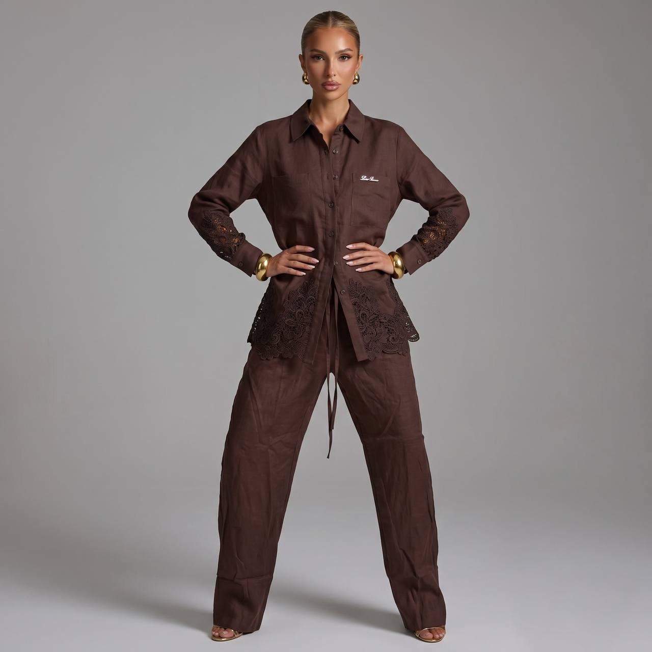 🤎 Loro Piana Chocolate Brown Linen Lace Full Set – Shirt & Pants ✨
