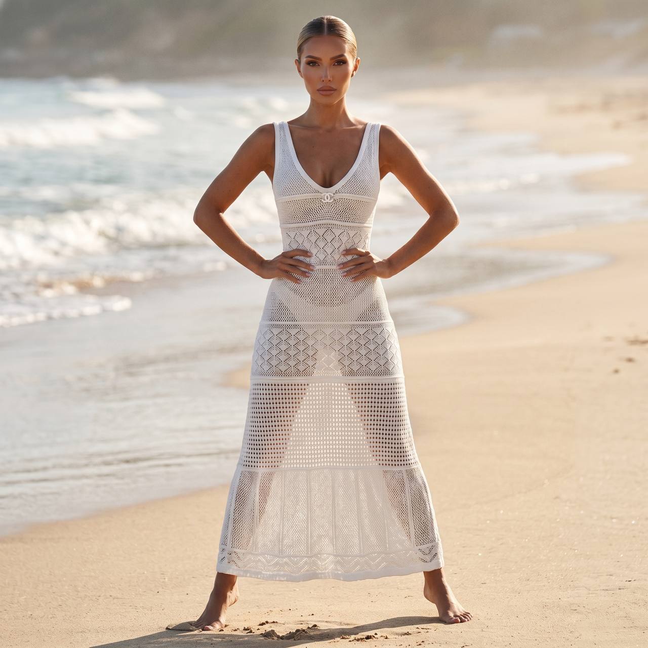 🤍 Chanel White Crochet Maxi Dress – Luxury Beach Cover-Up ✨