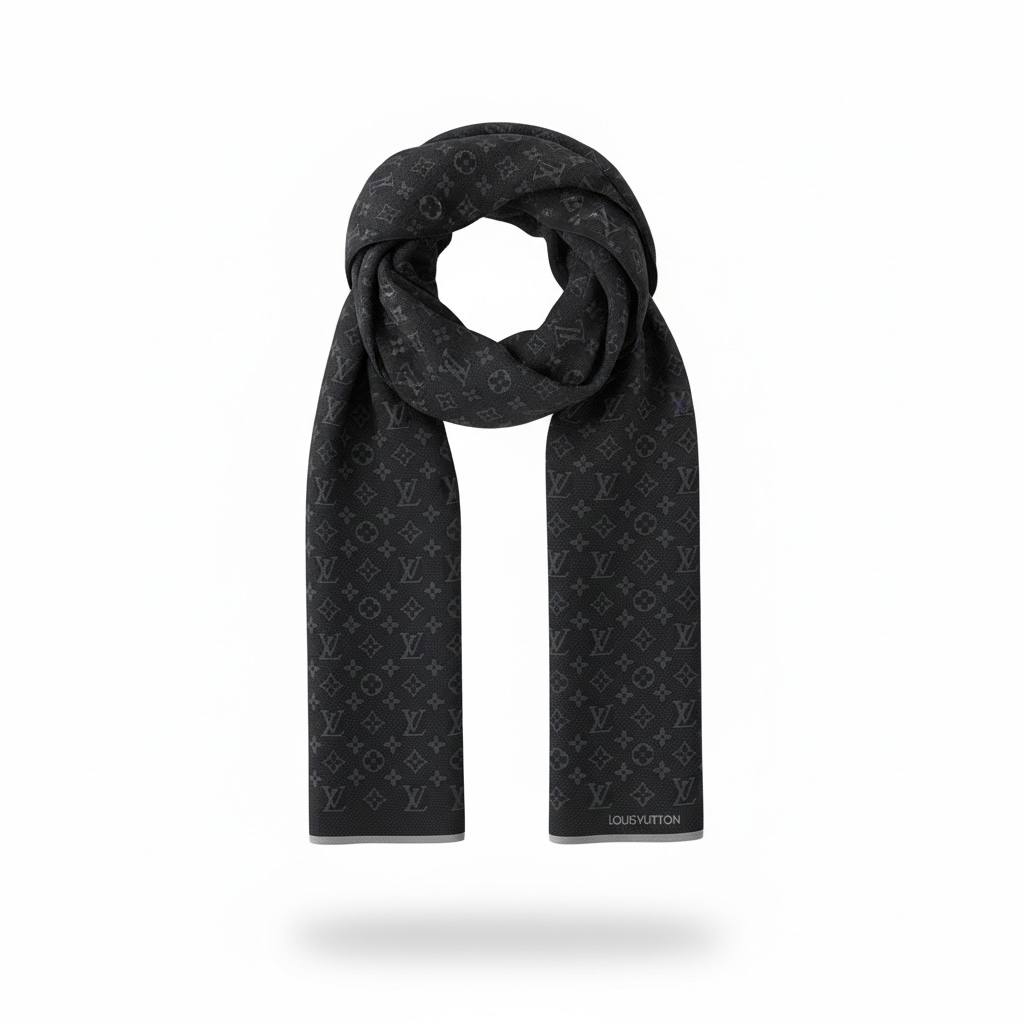 Louis Vuitton Black Monogram Scarf – Iconic All-Over LV Design 🖤✨