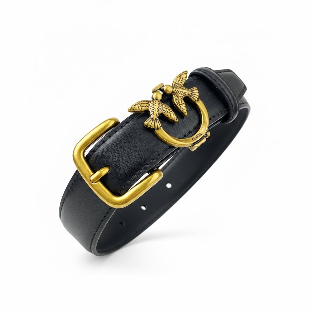 🖤 Pinko Black Leather Belt with Gold Love Birds Buckle - MASTERPIECE
