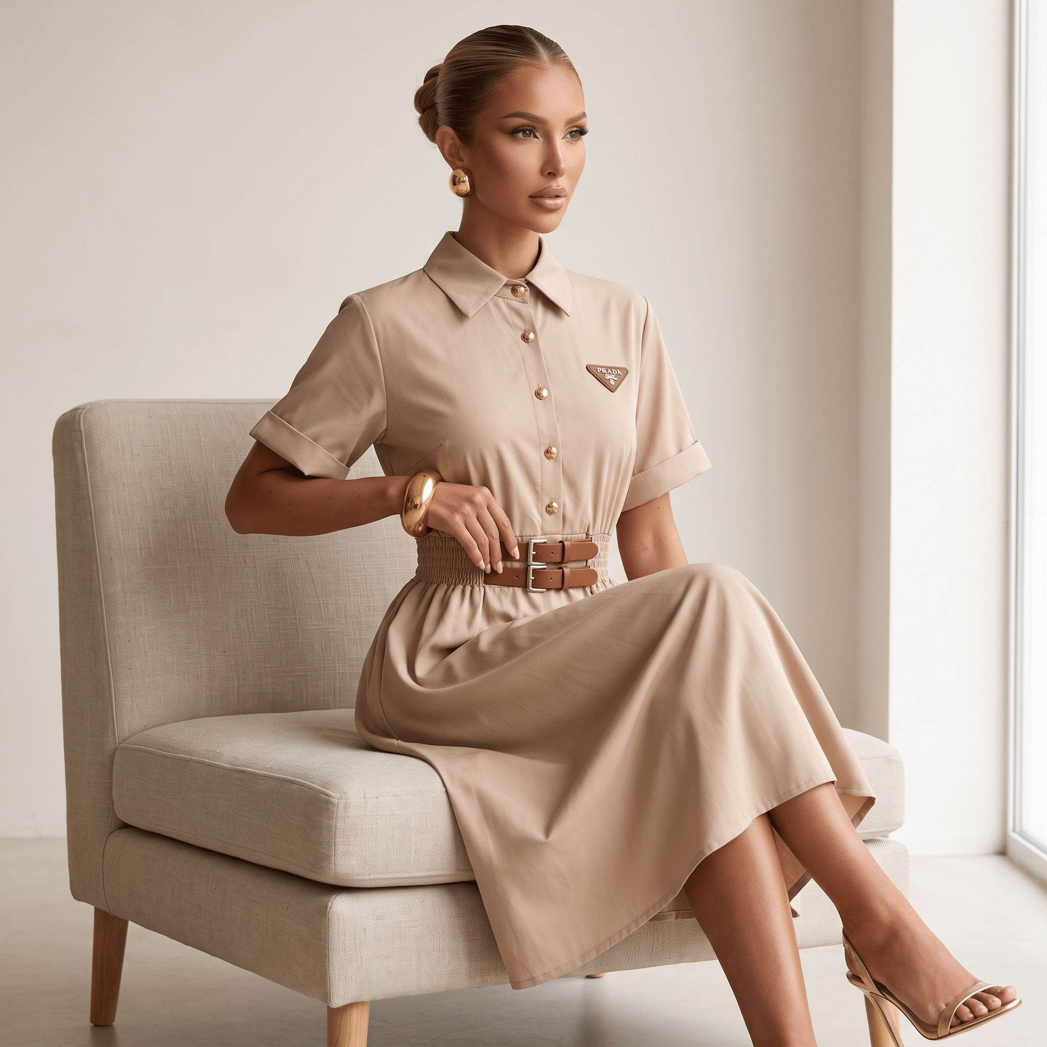 🤍 Prada Belted Shirt Midi Dress – Beige one size - MASTERPIECE