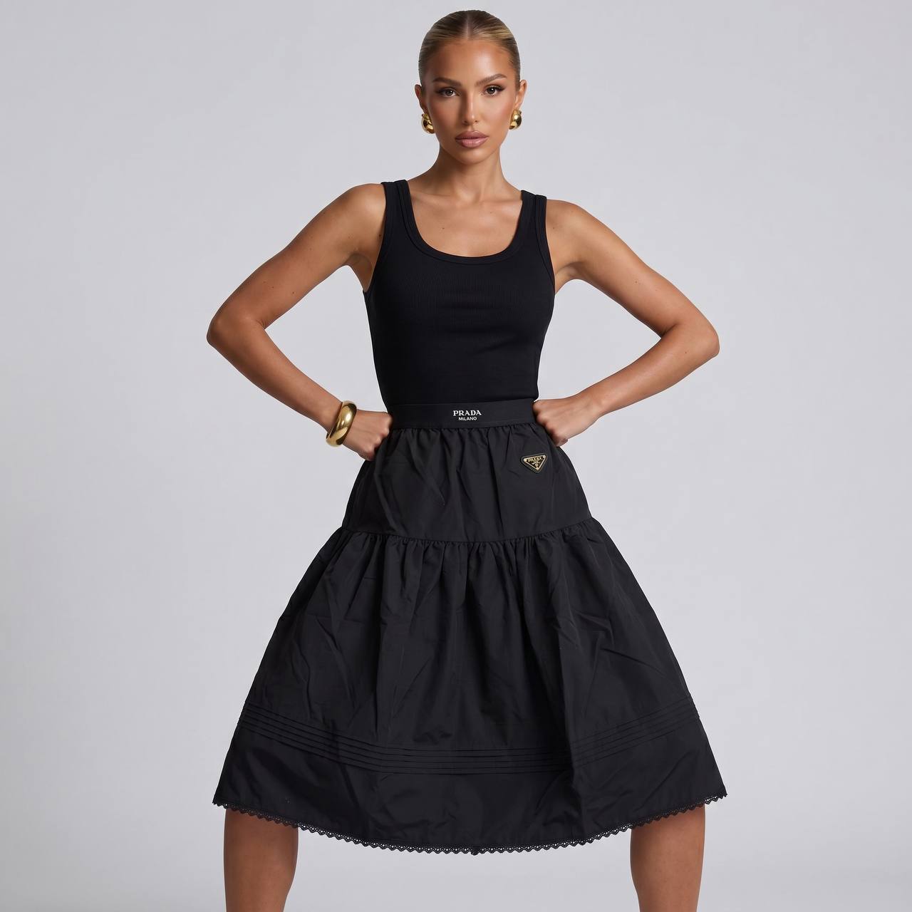 Prada Black Nylon Mini Skirt with Silver Logo 🖤✨ - MASTERPIECE