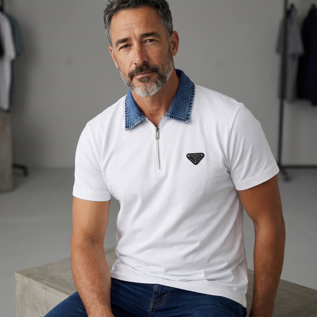 Prada Denim Collar Polo T-Shirt – White Luxury Edition 🤍👖✨ - MASTERPIECE