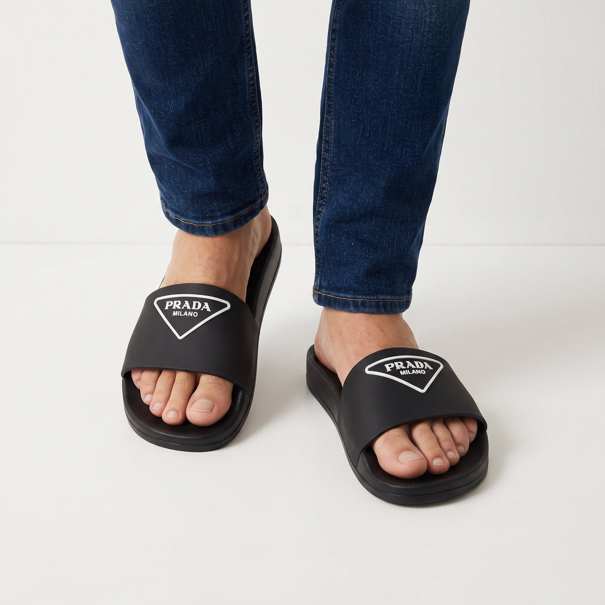 Prada Logo Slide – Black Rubber Slide 🖤👣 - MASTERPIECE