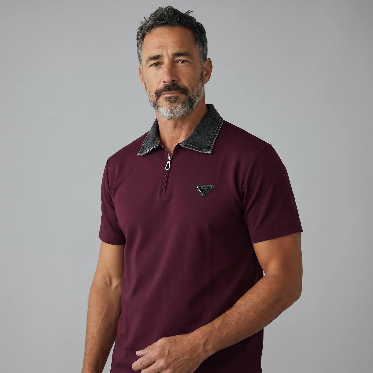 Prada Milano Denim Collar Zip Polo – Burgundy Edition 🍷✨ - MASTERPIECE
