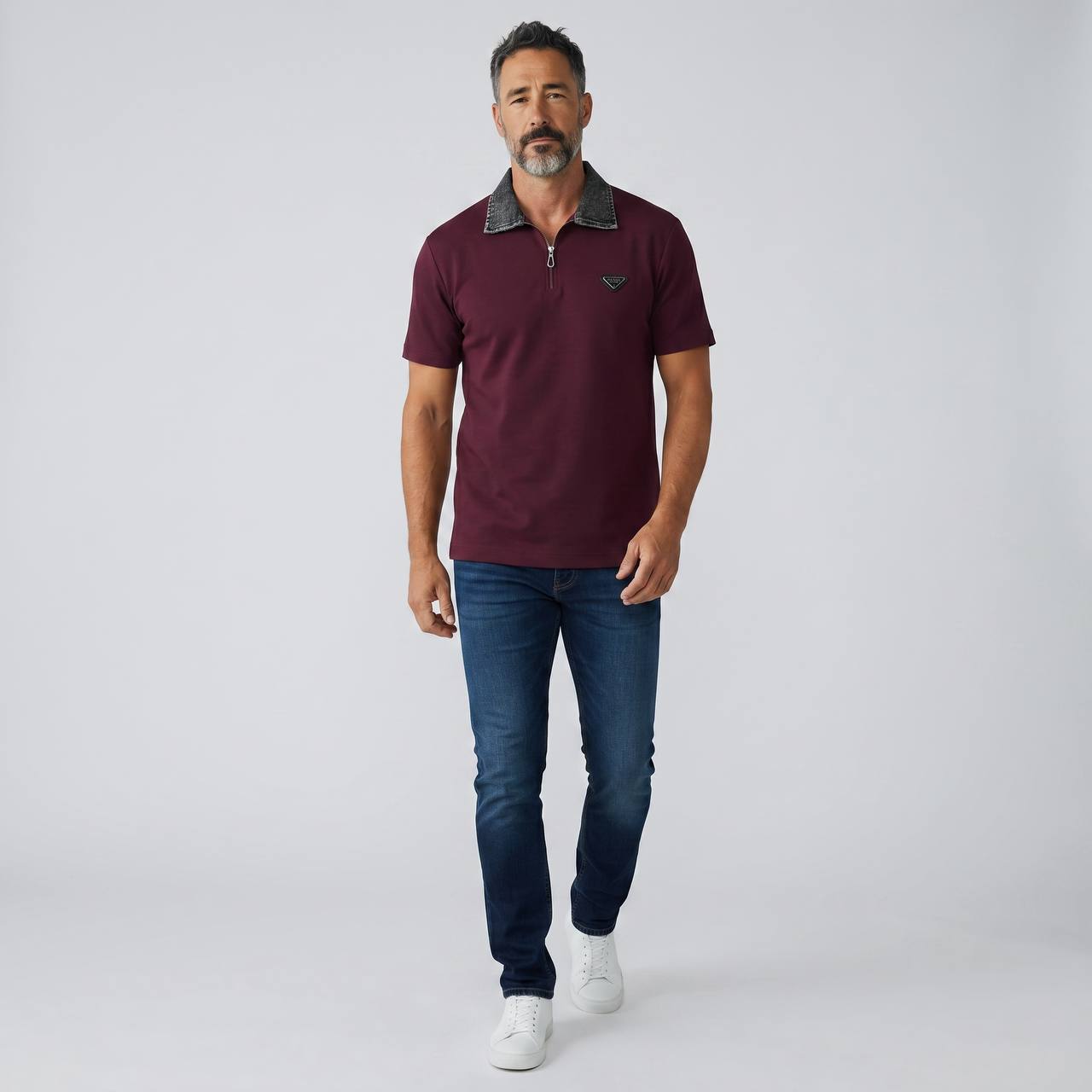 Prada Milano Denim Collar Zip Polo – Burgundy Edition 🍷✨ - MASTERPIECE