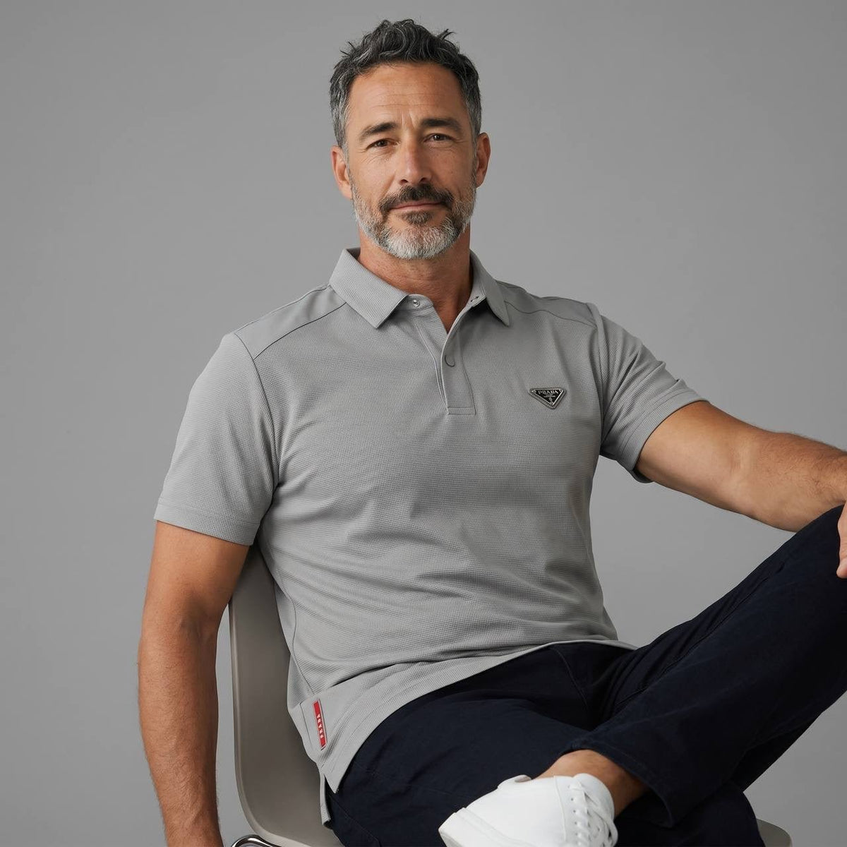Prada Textured Performance Polo – Light Grey Edition ✨ - MASTERPIECE