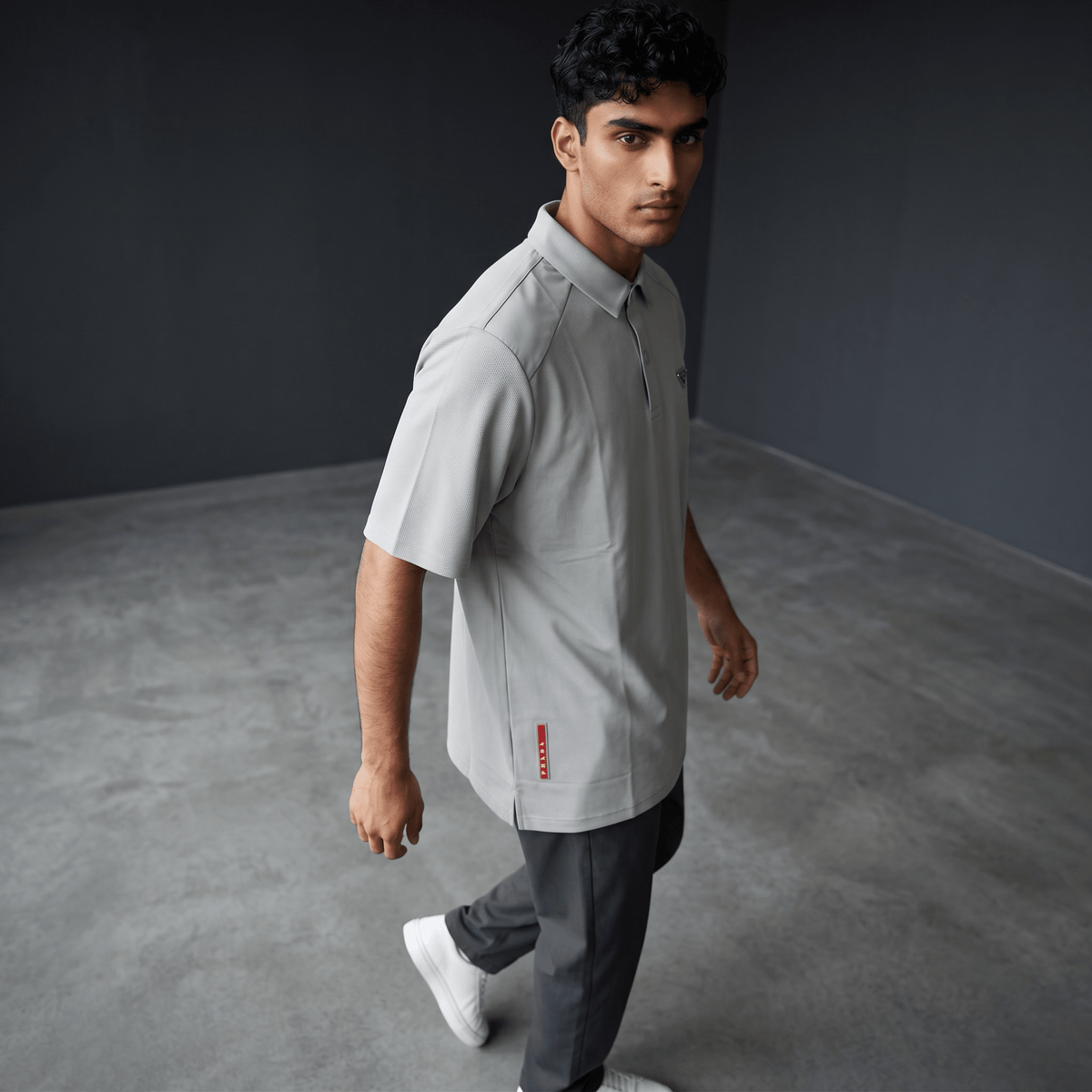 Prada Textured Performance Polo – Light Grey Edition ✨ - MASTERPIECE