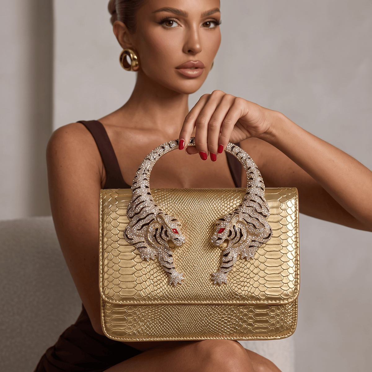 👜 Roberto Cavalli Gold Snake-Effect Top Handle Bag with Tiger Head Handle - MASTERPIECE
