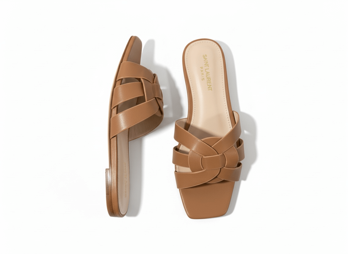 SAINT LAURENT Interlaced Leather Slides – Tan 🤎✨ | Everyday Luxury Essential - MASTERPIECE