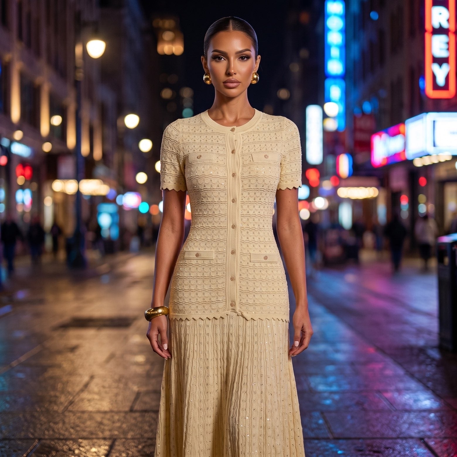 Sandro Paris Knit Short Sleeve Midi Dress – Beige - MASTERPIECE