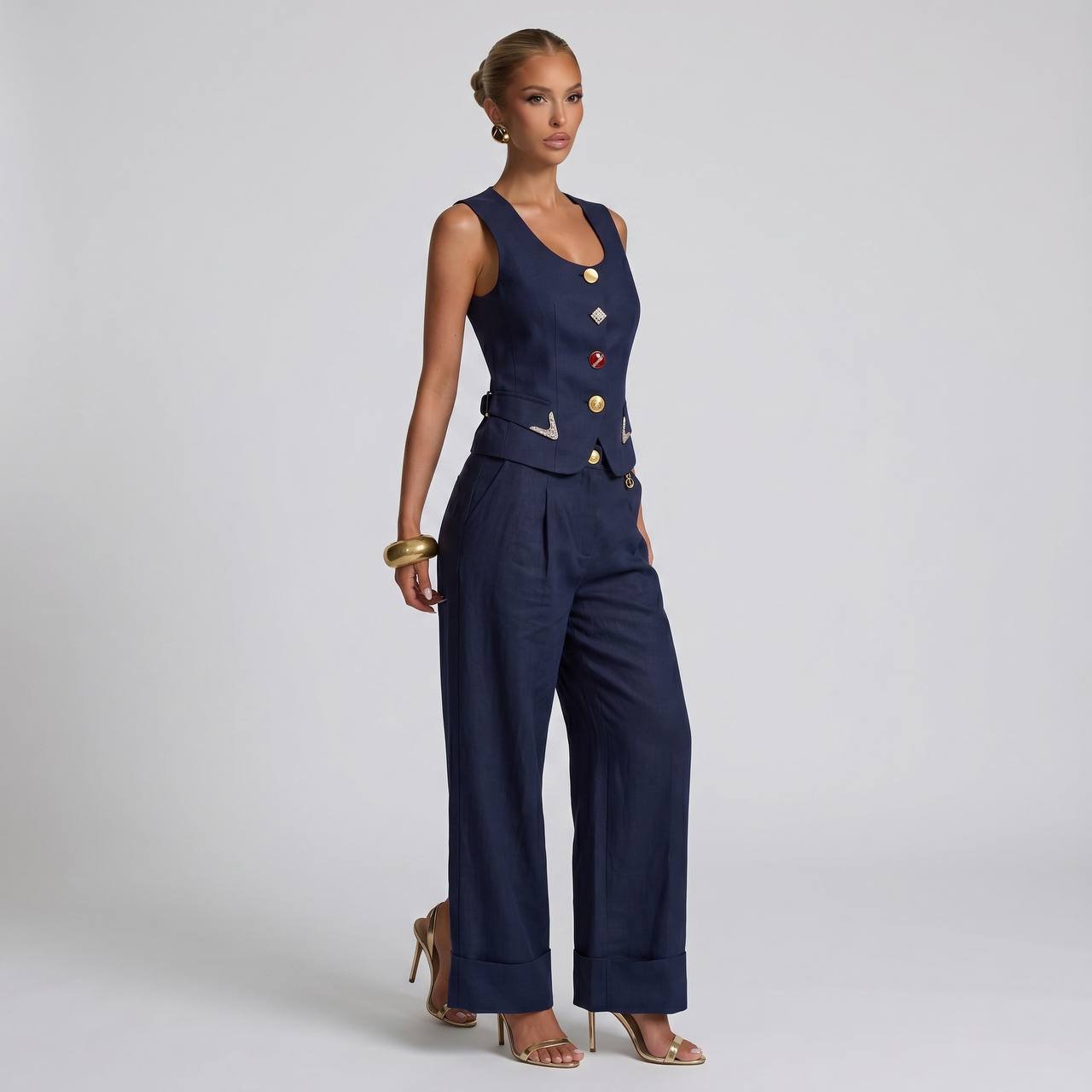💙✨ Schiaparelli Navy Tailored Vest & Wide-Leg Pants Full Set - MASTERPIECE